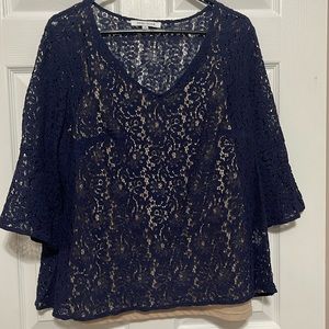 Rose and Olive; Navy lace blouse with tan camisole; size 1x
